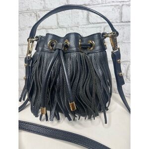 MILLY Black Leather Fringe Bucket Crossbody Bag